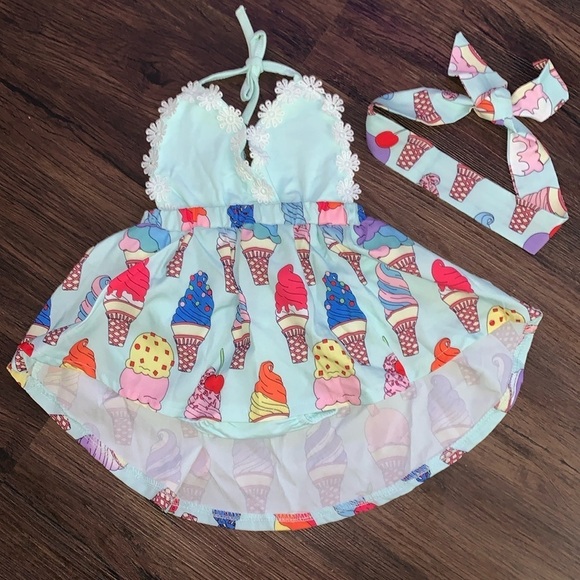 None Other - Kids ice cream cone halter top summer high‎ low dress with headband sz 24m NWOT